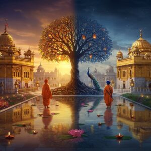 A serene ethereal scene showing two distinct yet harmoniously connected spaces: on the left, a majestic golden Hindu temple with intricate Nagara architecture, adorned with Om symbols and traditional kalash; on the right, a grand Gurudwara with distinctive Sikh architecture featuring golden domes and Nishan Sahib flag. In the center, a glowing tree of life connects both structures, its branches intertwining with both buildings, symbolizing shared roots. The tree's leaves are half lotus flowers (Hindu) and half Ik Onkar symbols (Sikh). The foreground features a pristine reflecting pool showing both structures' reflections. Two figures stand in peaceful meditation - one a Hindu sage in saffron robes with rudraksha mala, another a Sikh warrior saint with traditional turban and kirpan. Soft golden light bathes the scene, with floating diyas and lanterns creating a magical atmosphere. The art style combines traditional Madhubani patterns in the details with modern digital art techniques, using a color palette of deep blues, saffron, maroon, and gold. Ethereal mandala patterns float in the sky, while peacocks grace the temple steps.