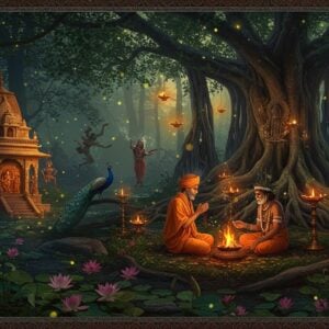 A mystical forest clearing at twilight, where a Hindu sadhu in saffron robes and tribal elder in traditional Adivasi attire perform a sacred fire ritual together. The sadhu holds Vedic prayer beads while the tribal elder holds indigenous healing herbs. Behind them, a massive ancient banyan tree's roots form intricate patterns resembling both Sanskrit symbols and tribal art motifs, illuminated by floating golden diyas and fireflies. To the left, a traditional Hindu temple structure merges seamlessly into a tribal shrine decorated with totems and nature symbols. The scene is framed by blooming lotus flowers and peacocks perched on tree branches. Soft ethereal light filters through the canopy, creating a magical atmosphere with hints of incense smoke swirling in geometric patterns. The color palette combines deep forest greens, earthy browns, saffron, and gold accents. In the background, faint silhouettes of women performing tribal dance movements blend with classical Indian dance poses. Madhubani-style patterns adorn the borders, incorporating both Hindu iconography and tribal symbols rendered in intricate detail. Highly detailed digital art style with photorealistic textures and magical realism elements.