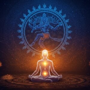 A serene Indian yogi in padmasana (lotus position) meditates in front of an ornate golden Om symbol, his form translucent and illuminated from within. Behind him, a large ethereal Nataraja (Dancing Shiva) performs the cosmic dance in a circle of blue cosmic fire, with 4 arms holding damaru, agni, abhaya mudra, and gajahasta pose. The scene transitions from earthly to cosmic realm through intricate Madhubani-style mandalas and swirling energy patterns in deep indigo and saffron. Sacred geometry patterns float in the background, while floating lotus flowers emit soft golden light. The yogi's chakras are visible as glowing points of light in traditional colors. Selective modern elements include sleek gradient lighting effects and digital particle effects around the meditation space. The art style combines traditional Indian Pattachitra patterns with contemporary digital art techniques, featuring a color palette of deep royal blue, burnished gold, saffron orange, and ethereal white. The overall composition creates a harmonious blend of spiritual symbolism and modern aesthetic, with dramatic lighting emphasizing the connection between the physical and spiritual realms.