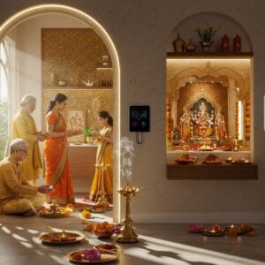 A serene modern Indian family performing morning rituals in a contemporary minimalist home, with a beautifully designed marble pooja room visible through an archway. The scene shows three generations - grandparents in traditional wear, parents in modern Indian fusion attire, and a child in contemporary clothes. The pooja room features a sleek glass-and-brass temple housing deities, with floating LED diyas creating a warm golden glow. Intricate Madhubani-style patterns adorn the walls in metallic gold. A sophisticated smart home panel near the pooja room controls aromatherapy and spiritual music. Fresh marigold and lotus flowers in modern brass vessels, with smoke from premium organic incense creating ethereal swirls. Morning sunlight streams through a geometric window, casting mandala-like shadows. The color palette includes deep saffron, burnished gold, and peaceful blues. The scene seamlessly blends traditional elements like copper kalash and bells with modern design aesthetics like floating shelves and LED lighting. Photorealistic digital art style with attention to textile textures and metallic finishes. The overall atmosphere suggests peace, tradition, and modern spirituality.