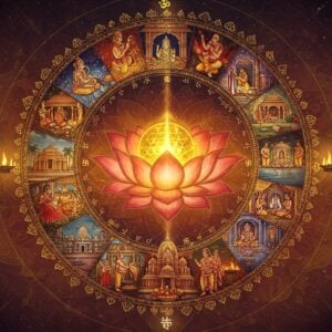 A grand, intricately detailed mandala-inspired circular composition floating in ethereal space, featuring concentric rings depicting different aspects of Hindu culture. The outer ring showcases Indian dancers in bharatanatyam poses wearing vibrant silk costumes, transitioning into a ring of sacred symbols including Om, Swastika, and Trishul rendered in gleaming gold. The middle ring depicts various Hindu ceremonies - a wedding with sacred fire, Ganga aarti with floating diyas, and temple priests performing pujas. The inner ring features sacred architecture with ornate temple spires and gopurams in traditional South Indian style. At the center, a radiant lotus flower blooms, its petals containing miniature scenes of everyday Hindu life. The entire composition is illuminated by a divine golden light with floating flower petals and wisps of sacred incense smoke. The art style merges traditional Madhubani patterns with modern digital art techniques, using a rich color palette of deep maroon, royal blue, saffron, and gold. Translucent layers of geometric patterns and yantra designs overlay the entire scene, creating depth and mystical atmosphere.