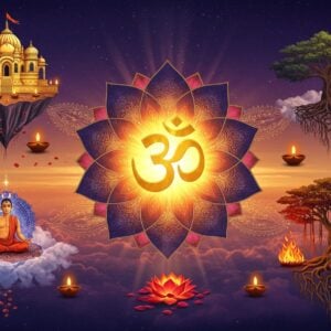 A majestic cosmic scene featuring the sacred Om symbol radiating golden light at the center, emerging from a blooming lotus made of intricate Madhubani patterns in deep indigo and saffron. The Om transforms into flowing streams of energy, connecting four corner vignettes: a peaceful meditation scene with a young Indian person in padmasana, an ornate temple with traditional architecture floating among clouds, a sacred fire ceremony with flames forming DNA-like spirals, and a banyan tree with roots forming the shape of a mandala. The background features a gradient from deep cosmic purple to dawn orange, with subtle sacred geometry patterns. Small elements include floating diyas, peacock feathers, and delicate lotus petals. The scene is illuminated by ethereal light creating a dreamy, spiritual atmosphere. The art style combines hyperrealistic digital rendering with traditional Indian art motifs, featuring rich gold accents, deep jewel tones, and intricate details. The composition should have a balanced, symmetric feel with a modern, sophisticated aesthetic that appeals to contemporary viewers.
