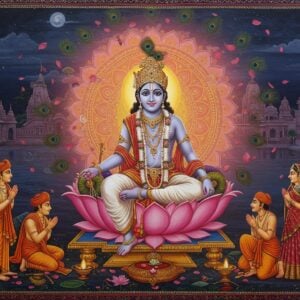 A divine ethereal scene depicting Hith Harivansh Mahaprabhu in traditional white dhoti and angavastram, seated in padmasana on a golden lotus platform, surrounded by a glowing mandala of pink and saffron hues. His face radiates divine peace with closed eyes and gentle smile. Around him, intricate Radha-Krishna motifs float in an artistic swirl, rendered in traditional Vrindavan miniature painting style but with modern digital aesthetics. The background features the historic temples of Vrindavan with soft moonlight casting a mystical glow. Delicate lotus petals and peacock feathers float in the air, while devotees in traditional 16th century Vaishnava attire are shown in respectful devotion at the lower portion. The scene is bathed in soft, ethereal light with touches of gold, creating a dreamlike atmosphere. Art style combines traditional Rajasthani miniature techniques with contemporary digital art, featuring rich jewel tones of deep blue, saffron, and maroon with metallic gold accents. The composition includes subtle Madhubani-style border patterns and spiritual symbols like tilak, flute, and devotional beads.