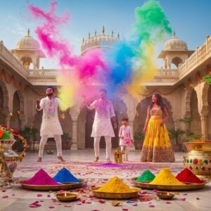 A vibrant, dynamic scene capturing the essence of Holi celebration in an ornate Indian courtyard with traditional Rajasthani architecture, featuring three young Indian people in modern white kurtas splashing colorful gulal powder in the air. The powder forms a mesmerizing swirl of bright colors (magenta, emerald green, royal blue, and saffron) against a clear blue sky. In the foreground, detailed brass plates filled with natural color powders arranged in a traditional mandala pattern. Intricate rangoli designs decorate the marble floor, with floating lotus petals scattered around. Golden light filters through the color clouds, creating an ethereal atmosphere. Traditional elements like silver water guns (pichkaris) decorated with peacock motifs and brass buckets with intricate Madhubani patterns visible in the scene. The background shows beautiful stone archways decorated with marigold garlands and banana leaves. The overall composition combines traditional elements with contemporary styling, shot in a cinematic style with dramatic lighting and depth of field. The scene radiates joy, festivity, and cultural richness in hyperrealistic digital art style.