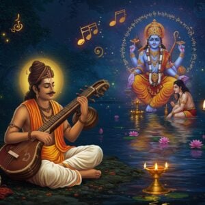 A serene night scene depicting Saint Tyagaraja in deep meditation, seated in padmasana on the banks of the Kaveri River. He wears traditional white dhoti and angavastram with vibrant Vaishnavite tilak on his forehead. His eyes are closed in divine contemplation, a subtle golden aura surrounds him. A beautifully detailed veena rests beside him, adorned with intricate Madhubani-style patterns. In the background, a large ethereal vision of Lord Rama appears in rich peacock blues and golds, seated with Sita and Lakshmana. The water reflects moonlight and floating lotus flowers, creating mystical patterns. Musical notes manifest as glowing golden symbols floating in the air, merging with swirling saffron and maroon mandalas. The scene is illuminated by traditional brass oil lamps and the soft glow of fireflies. Intricate Carnatic music motifs and symbols are woven throughout in Pattachitra style. The overall composition has a dreamlike quality with a harmonious blend of traditional and contemporary digital art elements, emphasizing spirituality and musical devotion. Hyperrealistic details in the main figure, stylized magical elements in the background.