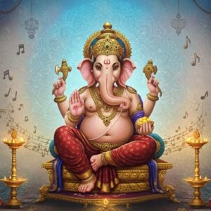 A serene, divine portrait of Lord Ganesha in his classical form with an elephant head, four arms, and rotund belly, seated in Padmasana on an ornate golden lotus throne. His right front hand holds a modaka, left front hand holds a broken tusk, right back hand holds an ankusha (goad), and left back hand holds a pasha (noose). He wears rich silk dhoti in deep maroon with intricate gold patterns. Behind him, a large, glowing mandala in soft blue and gold emanates spiritual energy. Floating musical notes and rhythmic patterns in ethereal gold surround him, representing the melodious recitation. The background features a subtle blend of peacock blue and soft pink with delicate Madhubani-style patterns. Gentle rays of divine light illuminate the scene from above. Small, translucent devotees in meditation posture float in the corners, their hands in prayer position. Traditional Tamil-style architectural elements frame the composition. The overall style combines hyperrealistic digital art with traditional Indian art elements, creating a modern yet culturally authentic appearance.