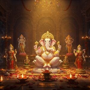 A grand, ethereal temple interior with golden light streaming through ornate windows, illuminating a central altar adorned with intricately carved Hindu deities. In focus, a luminescent marble Lord Ganesha idol with four arms, holding modak, lotus, broken tusk, and axe, seated on a decorated lotus throne. Around Him, arranged in a mesmerizing mandala pattern, are smaller idols of various deities - Shiva in meditation with crescent moon, Vishnu reclining on Shesha with four hands holding conch, chakra, mace and lotus, and Lakshmi standing on lotus with gold coins flowing from her hands. The scene features floating diyas with soft glowing flames, swirling incense smoke forming mystical patterns, and scattered flower petals in deep red and marigold orange. The background showcases traditional Madhubani-style wall art depicting sacred symbols like Om, Swastika, and geometric yantras in rich colors of deep indigo, saffron, and burgundy. The overall composition has a surreal, dimensional quality with multiple layers of translucent mandalas floating in space, creating depth. The lighting combines warm golden temple lamps with cool moonlight streaming through windows, creating a divine atmosphere. Hyperrealistic digital art style with attention to intricate details and textures.