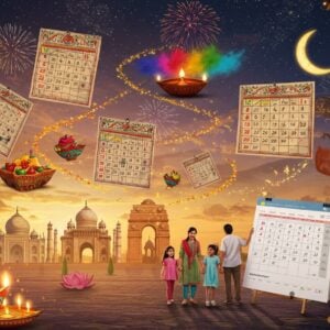 A vibrant Indian street scene during a festival celebration, featuring traditional paper calendars adorned with intricate Madhubani patterns floating magically in a surreal sky. The scene showcases multiple festival celebrations merged together - a glowing Diwali diya with sparkling fireworks, colorful Holi powder clouds, a decorated Christmas tree, and Eid crescent moon, all connected by flowing golden light trails. In the foreground, an Indian family in modern clothing (father in business casual, mother in contemporary salwar, children in modern attire) plans their vacation on a floating transparent digital calendar. The background features iconic Indian landmarks like the Taj Mahal, Gateway of India, and Golden Temple rendered in a minimalist, ethereal style with soft pastel colors. Floating lotus flowers and mandalas frame the scene, while peacock feathers and marigold garlands weave through the composition. The lighting combines warm festival lights with cool moonlight, creating a dreamy atmosphere. Style should blend traditional Indian art patterns with modern digital art aesthetics, using a color palette of deep gold, saffron, royal blue, and subtle pastels.