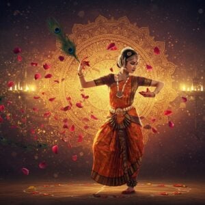 A majestic Indian classical dancer in a vibrant silk bharatnatyam costume performing against an ethereal backdrop featuring a massive ornate golden mandala. The dancer's mudras are precise and graceful, adorned with alta on hands and traditional temple jewelry. The scene transitions from classical to contemporary through a spiral of dynamic elements - floating peacock feathers, swirling lotus petals, and geometric rangoli patterns in deep indigo, saffron, and burgundy. Multiple translucent layers show different art forms - Madhubani patterns on the left, Tanjore-style gold work on the right, and Warli art motifs seamlessly blending in the background. Soft glowing orbs of light illuminate the scene, creating depth. The color palette includes rich jewel tones transitioning to modern metallic hues. The overall composition follows the golden ratio, with intricate paisley patterns and sacred geometry elements floating in a mystical atmosphere. Style combines hyperrealistic digital art with traditional Indian miniature painting techniques, featuring dramatic lighting and atmospheric depth. 8k resolution, detailed textures, cinematic lighting, photorealistic rendering.