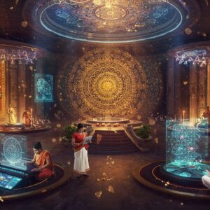 A grand, multidimensional Indian art gallery floating in ethereal space, with interconnected circular chambers showcasing different art forms. Central chamber displays a massive contemporary digital mandala with traditional Madhubani patterns in gold and deep indigo. Branching chambers feature: illuminated Tanjore paintings with real gold leaf, modern Warli art on glass walls, floating Kerala mural fragments with 3D depth, and geometric Kolam patterns forming holographic displays. Peacock blue and saffron light streams through crystal lotus-shaped skylights. Sacred geometry patterns flow like ribbons connecting each chamber. Indian artists in modern clothing with traditional jewelry work on digital tablets creating fusion art. Foreground shows sophisticated AI tools represented as crystalline craftsman's tools decorated with traditional Indian motifs. Art style combines hyperrealistic architectural visualization with traditional Indian art elements, rendered in rich jewel tones (royal blue, burgundy, gold) with subtle iridescent effects. Soft ambient lighting creates a dreamy, futuristic atmosphere while maintaining cultural authenticity. The scene includes floating particles of gold dust and digital artifacts seamlessly blending with traditional artistic elements.