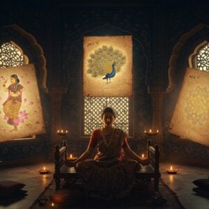 A mystical library setting with an ethereal Indian aesthetic, featuring ornate Madhubani-style patterns on the walls in deep indigo and gold. A young Indian woman in a contemporary silk saree sits cross-legged on a carved wooden seat, surrounded by floating, glowing ancient Sanskrit manuscripts. Three distinct visual elements emerge from the manuscripts: a classical Indian dancer expressing Shringar Rasa with graceful mudras, surrounded by ethereal pink lotus petals (representing Rasa); a peacock made of shimmering golden light spreading its feathers (representing Dhvani); and intricate mandala patterns morphing into various geometric shapes (representing Alankara). The scene is illuminated by warm, diffused light filtering through traditional jharokha windows. Floating oil lamps cast a gentle glow, creating dramatic shadows. The entire composition follows a spiral golden ratio, with intricate Pattachitra-style border details. The color palette includes deep burgundy, royal blue, burnished gold, and touches of emerald green. Photorealistic rendering with magical realism elements, cinematic lighting, detailed texturing, 8k quality.