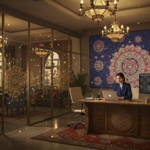A stunning modern office space seamlessly blending traditional Indian aesthetics with contemporary design - featuring intricate Kolam patterns embedded in sleek glass partitions, ornate brass light fixtures inspired by temple architecture hanging from high ceilings, and minimalist furniture with subtle Paisley motifs. The space is illuminated by warm, ambient lighting that casts golden patterns on polished marble floors. In the foreground, a young Indian professional woman in contemporary business attire (navy blue blazer with subtle zari work) works on a modern laptop placed on a desk crafted from reclaimed teak wood with carved mandala patterns. The background shows a feature wall with a massive digital art installation displaying animated Madhubani art in vibrant yet sophisticated colors (deep indigo, burnished gold, and terracotta). Floating geometric patterns inspired by sacred geometry intertwine with modern UI elements. The scene has ethereal quality with gentle light streams and floating golden particles. Art style combines hyperrealistic architectural photography with traditional Indian art elements, rendered in 8K resolution with cinematic lighting.