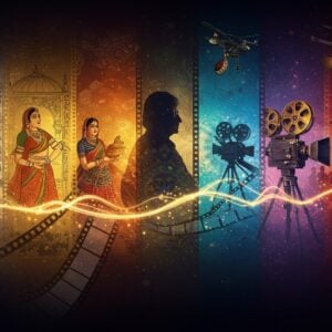 A grand, ethereal timeline composition showing five distinct eras of Indian cinema merging seamlessly, styled in traditional Madhubani art with modern digital aesthetics. In the center, a vintage 1920s hand-cranked camera transforms into a modern digital cinema camera through golden light streams. The left side features black and white scenes from Raja Harishchandra with intricate Pattachitra-style borders, transitioning to the golden age showing iconic poses of Raj Kapoor and Nargis in rich saffron hues. The middle section showcases the colorful 70s era with a dramatic Amitabh Bachchan silhouette against a peacock blue backdrop adorned with mandala patterns. The right portion depicts modern cinema with high-tech equipment, drone cameras, and VFX elements in metallic gold and deep maroon. The entire scene is illuminated by vintage cinema projector lights creating a dreamy atmosphere, with floating film reels decorated with traditional Indian motifs. The background features subtle references to iconic Indian film posters through the ages, rendered in a surreal, glowing style. The composition flows like a visual story, with each era bleeding into the next through intricate paisley patterns and film strip designs.