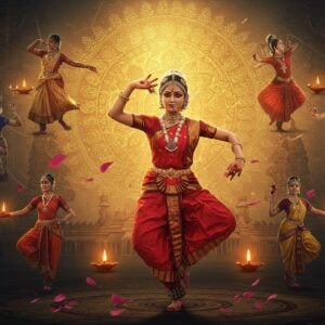A mesmerizing Indian classical dancer in a vibrant crimson and gold Bharatanatyam costume performing the dynamic 'Nataraja' pose against a ethereal backdrop featuring a massive golden mandala. Her hands display intricate mudras, adorned with alta (red dye), while her feet with ghungroos capture mid-movement precision. Her face shows intense bhava (emotional expression), enhanced by traditional temple jewelry and a jasmine-adorned braid. Around her, translucent silhouettes of other classical dance forms - Kathak, Odissi, Kuchipudi, and Mohiniattam - each in their distinctive poses and costumes, create a spiraling formation. The scene is illuminated by warm, divine lighting with floating diyas creating golden halos. Intricate Madhubani-style patterns in deep peacock blue and gold form the border, while scattered lotus petals in soft pink add movement. The background features subtle architectural elements of ancient Indian temples in muted golden tones. The overall composition combines hyperrealistic detail with surreal, spiritual elements, rendered in a style merging traditional Indian art with modern digital aesthetics. 4K, cinematic lighting, deep rich colors, ornate details.