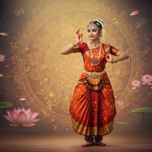 A stunning Indian classical dancer in a vibrant Bharatanatyam costume performing in mid-movement against an ethereal backdrop featuring a large ornate golden mandala. Her crimson and gold silk costume features intricate temple border designs and pleated fan details. She wears traditional temple jewelry including a sun-shaped maang tikka, multilayered necklaces, jhumkas, bangles, and oddiyanam. Her hair is adorned with fresh jasmine flowers and a traditional bun decorated with gold accessories. The dancer's hands show precise mudras, adorned with alta. Her feet, in dramatic dance pose, feature anklets with tiny bells. The background features floating lotuses in soft pastels, swirling dance mudra patterns in gold leaf, and delicate peacock feather motifs. Soft rays of divine light illuminate the scene from above, creating a mystical atmosphere. The art style combines traditional Tanjore painting techniques with modern digital aesthetics, featuring rich golden accents, deep maroons, and peacock blues with a dreamy, sophisticated finish.