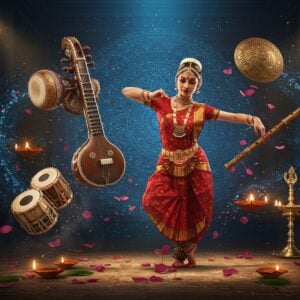 A mesmerizing scene of an Indian classical dancer in a vibrant red and gold Bharatanatyam costume, frozen mid-movement with graceful mudras, performing in a grand traditional temple courtyard. Around her, traditional musical instruments float ethereally - a glistening golden mridangam, ornate veena with intricate carvings, shimmering brass nattuvanar cymbals, and silver flute adorned with peacock motifs. Each instrument emits visible sound waves in swirling patterns of deep indigo and gold. The background features a large, glowing mandala in peacock blue and burnished gold, with Madhubani-style geometric patterns. Floating diyas create pools of warm light, while lotus petals scatter across the scene. The lighting is dramatic with soft spotlights highlighting the dancer and instruments. The dancer wears traditional temple jewelry with rubies and emeralds, her eyes lined with kohl, and jasmine flowers in her hair styled in a traditional bun. The scene combines photorealistic details with ethereal, magical elements in a modern digital art style, maintaining cultural authenticity while creating visual drama.