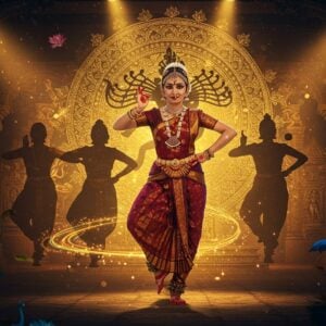 A stunning Indian classical dancer in mid-performance wearing a rich maroon and gold Bharatanatyam costume with temple jewelry, positioned in the iconic Nataraja pose against a massive ornate golden mandala background. Her expressions are serene and divine, with traditional alta-decorated hands and feet. Multiple ethereal silhouettes of the same dancer in various mudras fade into the background, creating a visual rhythm. Floating lotus flowers and peacock feathers frame the scene, while intricate Madhubani-style patterns in deep peacock blue and saffron spiral outward. Soft glowing orbs of light and swirling energy trails follow her dance movements. The lighting is dramatic with warm golden spotlights from above, creating beautiful shadows. The scene seamlessly blends traditional elements with modern digital art techniques, incorporating both photorealistic details and stylized artistic elements. The background features subtle hints of ancient temple architecture with carved pillars and intricate sculptures, all bathed in a mystical, spiritual atmosphere.