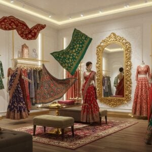 A stunning modern Indian boutique interior with floating traditional garments in mid-air, featuring richly detailed sarees in jewel tones (emerald, ruby, sapphire), contemporary Indo-western fusion wear, and designer lehengas. The space is illuminated by warm, golden ambient lighting with intricate Madhubani-style patterns projected on pristine white walls. A large, ornate mirror with a gold filigree frame reflects a collection of designer clothes. Mannequins dressed in the latest Indian fashion trends are positioned elegantly, adorned with modern jewelry. Traditional motifs like peacocks and lotus flowers are subtly woven into the fabric patterns. The scene includes fashion-forward Indian women in contemporary ethnic wear browsing through clothes, creating a luxurious shopping atmosphere. The color palette combines deep traditional colors with modern metallic accents. The art style should blend hyperrealistic digital rendering with traditional Indian artistic elements, creating a high-end fashion editorial look. Soft bokeh effects in the background add depth and luxury to the scene.