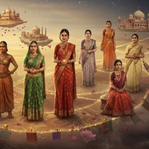 A grand, ethereal timeline spiral ascending through space, showcasing seven Indian women from different historical eras, each wearing period-accurate attire: A Harappan woman in traditional skirt and elaborate bronze jewelry, Gupta period nobility in fine muslin with gold thread work, Mughal era princess in ornate zari-worked peshwaz, Colonial period lady in traditional Bengali drape saree, 1950s woman in elegant silk Kanjeevaram, modern businesswoman in contemporary Indo-western fusion wear, and a futuristic design incorporating traditional elements with sustainable materials. The spiral pathway is decorated with intricate Madhubani patterns, floating textile swatches showing different weaving techniques, and golden threads connecting each era. Background features floating architectural elements from each period. Soft glowing mandalas illuminate each figure. Color palette transitions from ancient earthy tones to rich jewel colors to modern metallics. Detailed jewelry and fabric textures rendered in high detail. Scene bathed in warm, ethereal light with floating lotus petals and peacock feathers. Hyperrealistic digital art style with traditional Indian art influences. Atmospheric depth with subtle mist effects.
