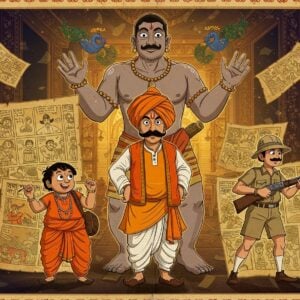 A dynamic scene featuring iconic Indian comic characters emerging from ancient palm leaf manuscripts, merging traditional Madhubani art style with modern digital aesthetics. In the center, Chacha Chaudhary with his turban and distinctive mustache stands wise and alert, while Sabu, the giant, towers behind him with cosmic energy. To their left, Suppandi in his traditional dhoti with his innocent smile performs a comical gesture. On the right, Shikari Shambu in his safari outfit aims his hunting gun at an unseen target. The background features intricate Madhubani patterns in deep indigo and gold, with modern geometric mandalas floating in the space. Ancient Sanskrit scrolls transform into comic panels with vibrant peacock blue and saffron colors. Traditional Indian motifs like peacocks and lotus flowers frame the scene, while a soft golden glow emanates from behind. The art style combines hand-drawn traditional elements with sleek digital rendering, creating a surreal, ethereal atmosphere. The scene is set in a mystical library with floating comic pages and glowing ancient manuscripts, symbolizing the bridge between tradition and modern storytelling.