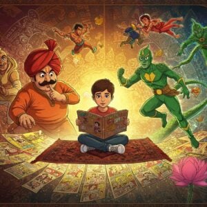 A dynamic collage scene showcasing iconic Indian comic characters in a vibrant Madhubani-meets-digital art style. In the center, a young Indian boy in contemporary clothes sits cross-legged on a flying carpet made of comic book pages, reading a Hindi comic. Around him, famous characters come alive: Chacha Chaudhary with his red turban and white mustache gestures wisely on the left, while his giant companion Sabu emerges from swirling cosmic patterns. On the right, Nagraj in his signature green costume with snake scales glimmers with modern metallic highlights. Above, Super Commando Dhruv swings through stylized geometric Mandala patterns. The background features intricate Pattachitra-style storytelling borders in deep maroon and gold, filled with miniature comic panels. Floating lotus flowers transform into comic pages, their petals carrying classic comic art styles. The scene is illuminated by a warm, ethereal glow, with subtle digital particle effects creating a magical atmosphere. The color palette combines traditional Indian colors - deep peacock blue, saffron, and gold - with modern neon accents.