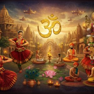 A majestic scene showcasing a grand Indian cultural tapestry floating in ethereal space, woven with intricate Madhubani patterns and Pattachitra art styles. The center features a large, ornate golden Om symbol emanating soft light. The tapestry seamlessly blends diverse cultural elements: a classical Indian dancer in Bharatanatyam pose on one side, wearing a deep red and gold silk costume with traditional temple jewelry; traditional kathakali performers with elaborate green and red makeup and costumes on another side; a peaceful scene of yoga practitioners in meditation near a serene lotus pond; and skilled artisans crafting intricate pottery and weaving colorful textiles. The background incorporates architectural elements from different Indian temples - the swirling spires of Khajuraho, the stepped wells of Gujarat, and the golden domes of Sikh temples. Floating mandalas in rich peacock blues and deep maroons add depth. The scene is illuminated by warm, divine light creating a dreamy atmosphere. Small details include peacock feathers, bells, diyas, and flowing silk fabrics in saffron and gold. The art style merges hyperrealistic details with surreal, ethereal elements, creating a modern yet culturally authentic aesthetic. The overall composition flows like a river of culture, with each element seamlessly transitioning into the next.