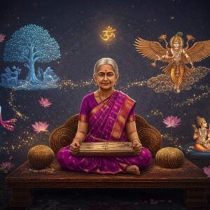 A mystical scene depicting an ancient Indian storyteller grandmother in an ornate magenta and gold silk saree, sitting cross-legged on an intricately carved wooden platform, surrounded by floating, glowing storytelling elements. Around her, ethereal, translucent vignettes come alive: a blue-skinned Krishna playing his flute under a wish-fulfilling Kalpa Vriksha tree, a majestic Garuda soaring through golden clouds, and a peaceful scene of Panchatantra animals gathered near a moonlit lake. The background features a massive mandala pattern in deep indigo and burnished gold, with Sanskrit symbols seamlessly integrated. Magical sparkles and swirling light trails connect these story elements. The lighting is dramatic with warm golden rays filtering through, creating a dreamlike atmosphere. The art style combines traditional Madhubani patterns with modern digital art techniques, featuring rich jewel tones of peacock blue, royal purple, and deep crimson. Floating lotus flowers and peacock feathers frame the scene, with subtle spiritual symbols embedded in the intricate background patterns.