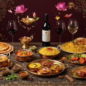 A luxurious Indian dining scene featuring a marble table with gold inlay patterns, set against a deep burgundy background with intricate Madhubani-style artwork of peacocks and vines. On the table, elegantly plated Indian dishes including butter chicken in copper serving bowls, golden biryani garnished with saffron strands, and grilled tandoori kebabs on silver platters. Two crystal wine glasses filled with red and white wines catch soft, ambient lighting, creating prismatic reflections. Traditional brass thalis with small portions of colorful curries arranged in a mandala pattern. Fresh herbs and whole spices like cardamom, cinnamon, and star anise artistically scattered across the table. The scene is complemented by floating lotus flowers and delicate gold patterns in the air, creating a magical, elevated dining atmosphere. The lighting is warm and intimate, with soft golden glows from brass diyas. Art style combines photorealistic food photography with ethereal Indian artistic elements, featuring rich jewel tones of ruby, emerald, and sapphire with gold accents.