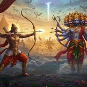 A dynamic battle scene featuring a modern reimagining of Arjuna from Mahabharata in detailed armor with traditional Indian motifs, drawing his divine bow Gandiva with a cosmic arrow of light, positioned on the left side. On the right, Ravana in his magnificent form with ten heads arranged in a artistic mandala pattern, wielding multiple weapons in his twenty arms including the celestial bow Chandrahas. The background shows a stylized cosmic battlefield with swirling golden mandalas, floating Sanskrit symbols, and ethereal lotus patterns. The scene is illuminated by divine light streams in shades of saffron and azure. Traditional Madhubani patterns interweave through the composition, while mythical creatures like Garuda and Airavata appear as intricate silhouettes in the clouds. The art style combines hyperrealistic digital rendering with traditional Indian art elements, featuring a rich color palette of deep indigo, burnished gold, crimson, and celestial blue. Ethereal particle effects and energy streams add a modern fantasy element while maintaining cultural authenticity. The scene is framed by ornate temple architecture elements and flowing celestial scarves.