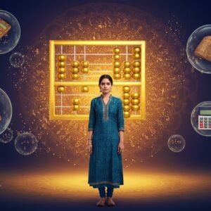 A stunning Indian mathematician in a modern fusion attire (peacock blue silk kurta with geometric patterns) standing confidently in front of a large, ethereal floating golden abacus. The abacus beads transform into glowing numerals, showing the progression from traditional Indian digits to modern numbers. The background features an intricate Madhubani-style mandala made of interconnected number patterns in deep saffron and maroon. Floating around her are mystical, translucent bubbles containing ancient Indian mathematical manuscripts and modern calculators. The scene is illuminated by soft, diffused light creating a magical atmosphere. Subtle lotus motifs in pastel pink emerge from the corners, their petals transforming into numerical sequences. The overall composition is surreal and educational, with a gradient background shifting from deep indigo to warm gold. The art style combines hyperrealistic digital rendering with traditional Indian art patterns, creating a seamless blend of ancient wisdom and modern aesthetics.