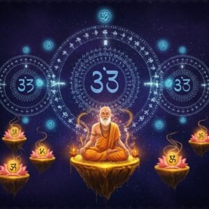 A grand cosmic scene showing an ethereal Indian mathematician in traditional dhoti and angavastram, sitting cross-legged on a floating golden lotus platform against a deep indigo space background. Multiple translucent, glowing concentric mandalas behind him form a decimal place value system. Each mandala ring contains precisely arranged crystalline dots representing numbers (1s, 10s, 100s, etc.). Swirling streams of golden light form the distinctive comma groupings of Indian numerals (2,3 digits). Sacred geometric patterns in peacock blue and saffron interweave through the scene. Small floating lotuses at different levels contain traditional Indian numerical symbols. The lighting is mystical with soft blue-gold gradients. Ornate Madhubani-style border patterns frame the entire composition. The art style merges digital precision with traditional Indian artistic elements, creating a serene yet modern visual representation of mathematical wisdom.