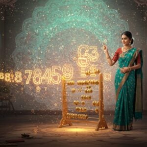 A mystical Indian classroom setting with a young female teacher in a contemporary silk saree (peacock blue and gold) standing beside a floating, ethereal golden abacus. The abacus beads transform into glowing numerals arranged in the Indian place value system. Sacred geometry patterns and Madhubani-style borders frame the scene. Multiple transparent layers show numbers gracefully transitioning from international to Indian system, depicted through swirling, luminous golden threads. Background features a large, ornate mandala in soft pastel colors (lavender, mint green, and rose gold) with mathematical symbols embedded within its patterns. Traditional Indian motifs like peacocks and lotus flowers are subtly woven into the corners, their tails and petals forming number patterns. The scene is illuminated by warm, diffused light creating a dreamy, educational atmosphere. Modern glass and brass elements blend with traditional Indian architectural details in the background.