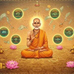 A serene Indian mathematics guru in traditional golden dhoti and angavastram, seated in padmasana on a geometric mandala pattern made of intricate numerals in Devanagari script. He's surrounded by floating, glowing circular halos containing modern digital displays showing currency conversions and Indian numbers. The background features a blend of traditional Madhubani art patterns morphing into modern data visualization elements, with soft saffron and peacock blue gradient. Sacred threads weave through the scene, forming the shapes of lakhs and crores symbols. Floating lotus flowers in pastel pink transform into coins and currency notes at their edges. The scene is illuminated by ethereal light sources, creating a mystical atmosphere with subtle lens flares. Sacred geometry patterns integrate with mathematical symbols, while decorative elements from ancient Indian mathematical manuscripts adorn the borders. The guru's expression is peaceful and enlightened, with a subtle golden aura around him. The overall composition should have depth with elements in foreground, middle ground, and background, rendered in a modern digital art style while maintaining traditional Indian artistic sensibilities.