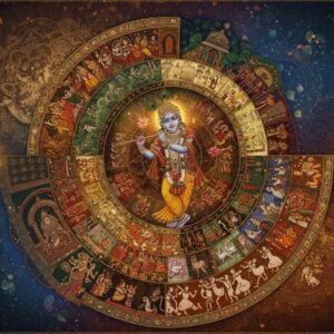 "A grand, sweeping composition showcasing multiple Indian painting styles seamlessly blending together in a dreamlike spiral arrangement. At the center, a masterful Tanjore-style painting with rich gold leaf work depicts Krishna playing his flute, surrounded by intricate architectural details and jewel-like embellishments. Flowing clockwise, the scene transitions into delicate Mughal miniature art showing royal court scenes with fine details and Persian influences. This merges into vibrant Madhubani art with geometric patterns and nature motifs in traditional earth colors. Next, a section of Kalighat painting style features bold strokes and simplified forms of deities. The borders feature Warli art's distinctive white tribal figures on a deep terracotta background. Each section glows with its characteristic colors - deep blues, rich golds, burnt siennas, and vermillion reds. Ethereal light emanates from behind, creating a mystical atmosphere. The entire composition is framed by an ornate mandala pattern combining elements from all styles. Floating lotus flowers, peacock feathers, and traditional motifs connect the different sections. Style: photorealistic digital art with magical realism, emphasizing the rich textures and intricate details of each painting style."