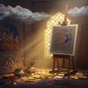 A majestic Indian artist workspace seamlessly blending traditional and modern elements, featuring a large ornate wooden easel holding a half-finished Madhubani painting with intricate peacock motifs. The workspace extends into multiple artistic dimensions - to the left, a Rajasthani miniature painting depicting royal court scene with fine gold leaf details; to the right, a contemporary Gond artwork with vibrant tribal patterns in deep indigo and earthy red. Floating above, ethereal watercolor washes form traditional Mughal-style clouds in soft pastels. The foreground displays artisan tools - handcrafted brushes, natural pigments in brass bowls, and gold leaf sheets. A warm, mystical light bathes the scene, casting golden rays through an ancient stone window with jaali patterns. Scattered lotus petals and peacock feathers add magical elements. Multiple art styles merge seamlessly - the precision of Tanjore painting, the fluidity of Kerala murals, and the boldness of contemporary Indian art. The color palette features rich jewel tones - deep sapphire blue, royal purple, burnt sienna, and touches of gold throughout. Rendered in a dreamy, sophisticated digital art style that maintains cultural authenticity while appearing modern and ethereal.