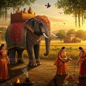 A majestic scene depicting a rural Indian village at golden hour, centered around a large ornately decorated elephant with traditional howdah and jhool featuring intricate Madhubani patterns in deep maroon and gold. The elephant is adorned with bells and colorful tassels. In the foreground, three Indian women in vibrant sarees (peacock blue, saffron, and deep red) with gold borders are engaged in daily activities - one carrying brass water pot, another weaving, and third creating rangoli. The background showcases mud houses with intricate warli-style paintings on walls, banyan trees with hanging roots, and agricultural fields in patches of green and gold. The scene includes cultural motifs like peacocks, lotus flowers, and swooping birds integrated naturally into the landscape. Small details include smoking clay chulhas, stacked clay pots, and strings of marigold flowers. The lighting is warm and ethereal, casting long shadows and creating a golden glow across the scene. Art style combines traditional Indian art elements with modern digital aesthetics, featuring rich textures, detailed patterns, and a dreamy, surreal quality. The color palette emphasizes deep earthy tones with pops of bright traditional Indian colors.