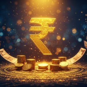 A majestic, stylized golden Indian Rupee symbol (₹) floating in the center of a circular mandala pattern, emanating rays of light in saffron and deep blue. The symbol is crafted with intricate Madhubani-style patterns within its design, featuring delicate peacock motifs and traditional Indian geometric patterns. Below the symbol, stacks of ancient Indian coins from various dynasties (Maurya, Gupta, Mughal) transition into modern Indian currency notes, arranged in a spiral pattern. The background features a ethereal blend of contemporary digital elements like floating binary codes in soft blue hues, merging with traditional Pattachitra-style border designs. Soft glowing orbs and sparkles in gold and silver hover around the central symbol. The scene is illuminated by a combination of warm golden light from above and cool blue undertones from below, creating a dynamic contrast. The overall composition suggests a bridge between India's rich monetary heritage and its modern financial future, rendered in a high-quality digital art style with photorealistic metallic textures.