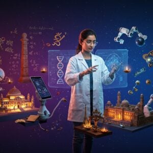 A mesmerizing digital-meets-traditional scene depicting a young Indian female scientist in a modern lab coat adorned with intricate Madhubani patterns in deep indigo and gold. She's interacting with a floating, translucent holographic display showing sacred geometry patterns, DNA helixes, and astronomical symbols. The background features a gradient from deep peacock blue to cosmic purple, with ancient Indian mathematical formulas and architectural elements like the Iron Pillar of Delhi and Jantar Mantar observatories rendered in glowing golden lines. Traditional Indian motifs like lotus flowers and mandalas seamlessly blend with modern scientific instruments, floating tablets, and robotic components. The scene is illuminated by both modern blue LED lights and warm, traditional oil lamps. Sanskrit symbols for mathematics and science float ethereally in the space, while a stylized Nalanda University architecture merges into modern laboratory equipment. The composition has a surreal, floating quality with multiple layers of depth, combining hyperrealistic rendering with traditional Indian art patterns. The overall atmosphere suggests a bridge between ancient wisdom and modern technology, with a color palette of deep blues, metallic golds, and warm saffron accents.
