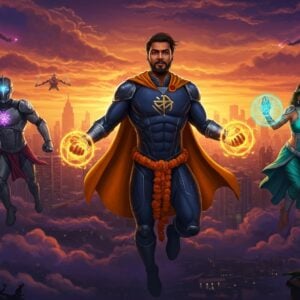 A dynamic scene featuring three powerful Indian superheroes in modern-meets-traditional costumes soaring through a stylized Mumbai skyline at sunset. The central hero, muscular and confident, wears a sleek navy-blue suit with golden Sanskrit symbols and a flowing saffron cape, wielding energy powers that glow with the warm colors of marigold flowers. To their right, a female superhero in a teal and silver costume inspired by peacock feathers, her hands creating geometric Rangoli-pattern force fields. To their left, a tech-enhanced hero in graphite-colored armor with glowing chakra points, surrounded by holographic ancient weapons. The backdrop features intricate Madhubani-style clouds in deep purples and oranges, merging with modern skyscrapers. The scene is illuminated by both neon city lights and traditional diyas, creating a stunning contrast. Flying sacred geometric patterns and mandalas frame the composition, while subtle motifs of ancient Indian architecture blend with futuristic elements. The art style combines hyperrealistic digital rendering with traditional Indian art patterns, emphasizing dramatic lighting and dynamic posing. The overall mood is energetic, powerful, and triumphant.