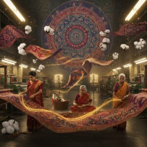 A grand, ethereal scene inside a modern Indian textile factory seamlessly blending with traditional handloom elements. In the foreground, three generations of Indian artisans - a young woman in contemporary dress, a middle-aged weaver in traditional attire, and an elderly master craftswoman - work together on an intricately designed fabric featuring Madhubani patterns. The fabric flows magically through the scene, transforming from raw cotton to finished textile, with golden threads weaving through the air in spiral patterns. Modern machinery in chrome and steel contrasts with traditional wooden looms, both bathed in warm, directional lighting. The background features a massive mandala-inspired pattern made from floating threads of various colors - deep indigo, royal purple, crimson, and gold. Symbolic elements like spinning wheels, silk cocoons, and cotton flowers float ethereally around the scene. The art style combines hyperrealistic details with magical realism, featuring rich textures and a color palette of deep jewel tones with metallic accents. Multiple fabric samples with different traditional Indian patterns - Bandhani, Ikat, and Banarasi - float in the air, creating a dynamic composition. The lighting is dramatic with soft golden rays filtering through windows, creating an atmosphere of both heritage and progress.