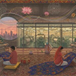A grand, panoramic view of a modern Indian textile factory seamlessly blending with traditional handloom settings, rendered in rich Madhubani-inspired art style. In the foreground, three skilled Indian artisans in contemporary clothing work on intricate handlooms with golden threads, creating vibrant peacock-motif fabrics in deep indigo and saffron. Behind them, a state-of-the-art manufacturing unit with gleaming machinery showcased through glass walls, illuminated by warm golden light. The scene is framed by floating, stylized lotus patterns and geometric mandala designs in metallic copper and turquoise. Swirling threads in rainbow colors form dynamic patterns in the air, connecting the traditional and modern sections. The lighting is ethereal with soft glows highlighting the contrast between hand-crafted and machine-made textiles. In the background, a large circular window reveals modern skyscrapers against a sunset sky in pastel pink and purple hues. The overall composition follows a divine geometric pattern with intricate border details inspired by Pattachitra art, creating a harmonious blend of tradition and innovation.