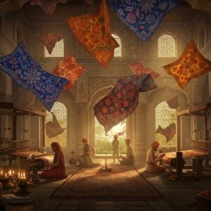 A grand, ethereal scene depicting an Indian textile workshop through time, showing three distinct eras merging seamlessly. In the foreground, ancient artisans in traditional draped garments weave on a wooden loom with golden threads, illuminated by warm candlelight. The center shows Mughal-era craftsmen creating intricate zari work and detailed embroidery on rich velvet fabrics in deep peacock blue and royal purple. The background transitions to British colonial period with large mechanical looms. Flying through the scene are pieces of fabric featuring iconic Indian patterns - Madhubani peacocks, Ajrakh blocks, and Bandhani dots in rich colors of saffron, indigo, and maroon. Ethereal floating lotus flowers and mandalas frame the scene. The lighting is dramatic with golden rays filtering through windows, creating a mystical atmosphere. The scene features traditional Indian architectural elements like carved pillars and arched doorways. The art style combines traditional Miniature painting techniques with modern digital art aesthetics, emphasizing intricate details and rich textures. Multiple fabric swatches with different patterns float through the air, creating a dynamic composition.