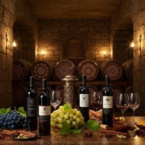 A luxurious Indian wine cellar with ancient Madhubani-style carved stone walls, illuminated by warm golden light from ornate brass lamps. In the foreground, an elegant arrangement of wine bottles with distinctive Indian labels, placed on a beautifully carved wooden table with peacock motifs. Behind them, rows of oak barrels stretch into the distance, each decorated with intricate mandala patterns in deep burgundy and gold. Scattered across the scene are fresh Indian grapes - deep purple Bangalore Blue and golden Nasik varieties - artfully arranged with vine leaves. Crystal wine glasses reflect soft lighting, creating ethereal prism effects. The scene is complemented by traditional Indian spice elements - cinnamon sticks, cardamom pods, and star anise - suggesting wine pairing possibilities. Mellow lighting casts dramatic shadows, highlighting the rich textures of the stone walls. The overall color palette features deep wines, warm golds, rich browns, and subtle saffron accents. The style combines photorealistic wine bottles with traditional Indian artistic elements, creating a sophisticated fusion of modern and classical Indian aesthetics.
