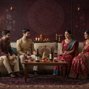 An elegant Indian gathering scene with three well-dressed couples in modern Indian attire (men in sophisticated bandhgalas, women in designer sarees) seated around a luxurious low table with intricate Madhubani patterns. On the table, beautifully arranged Indian wines in traditional brass-accented bottle holders, alongside artisanal wine glasses with gold rim detailing. The background features a contemporary living room with warm lighting, highlighted by a large mandala-inspired wall art in deep burgundy and gold. Traditional brass diyas cast a soft, ambient glow. Decorative elements include modern interpretation of traditional Indian motifs, floating lotus flowers, and peacock feather designs. The scene is captured in rich, warm tones of deep purple, gold, and maroon, with soft lighting creating an atmospheric mood. The style combines hyperrealistic digital art with traditional Indian artistic elements, creating a sophisticated and contemporary feel. The overall composition suggests luxury, celebration, and cultural refinement.