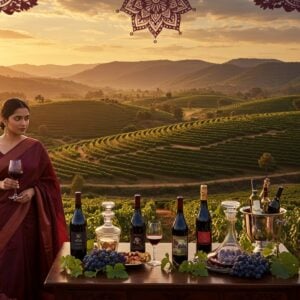 A luxurious Indian vineyard at sunset, featuring terraced hills covered with lush grapevines stretching into the horizon, set against the backdrop of the Western Ghats mountains. In the foreground, an elegant Indian woman in a contemporary silk saree in deep burgundy color, holding a crystal wine glass with red wine. She's adorned with minimal modern gold jewelry. The scene is illuminated by golden hour sunlight, creating a warm, rich atmosphere. Traditional Madhubani-style patterns in gold and maroon interweave through the sky. Crystal decanters and carefully arranged wine bottles with Indian labels sit on an ornate wooden table decorated with grape clusters and vine leaves. The lighting is sophisticated with soft bokeh effects and lens flares. The color palette focuses on deep purples, burgundies, and warm golds. Traditional mandala patterns subtly blend into the vineyard rows when viewed from above. The overall composition suggests luxury, tradition, and modern sophistication, with a dreamy, ethereal quality enhanced by floating wine-colored mist.