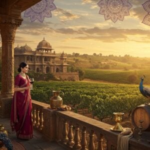 A luxurious vineyard landscape set in Maharashtra's Nashik Valley at golden sunset, featuring rolling hills covered with neat rows of dark purple wine grapes. In the foreground, an elegant Indian woman in a contemporary fusion outfit (deep burgundy silk saree with modern draping) holds a crystal wine glass with red wine. She's standing on a rustic stone terrace of a modern winery with Madhubani-style carved pillars. The background showcases a magnificent stone and glass winery building with traditional Indian architectural elements merged with contemporary design. Scattered throughout the scene are intricate mandala patterns in gold and deep purple, floating like delicate mist. The sky features warm golden-orange hues with wispy clouds, creating a dreamy atmosphere. Traditional brass wine vessels and modern wine bottles are artistically arranged nearby. The lighting is warm and ethereal, with sun rays filtering through grape vines, creating dancing shadows. Art style combines hyperrealism with traditional Indian artistic elements, emphasizing rich colors like deep purples, burgundy, gold, and emerald green. A peacock perches on a nearby wine barrel, adding a distinctive Indian touch.