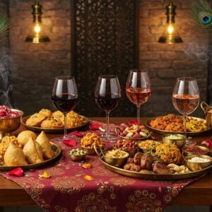 A luxurious Indian dining scene featuring a beautifully arranged wooden table with brass accents, draped with a rich maroon silk cloth with intricate gold Madhubani patterns. In the center, an elegant arrangement of traditional Indian snacks on brass thalis - golden samosas, colorful pakoras, spiced nuts, and kebabs arranged in a mandala pattern. Three crystal wine glasses filled with different wines (deep red, blush pink, and golden) catch soft, warm lighting, creating prismatic reflections. Surrounding the setup are modern interpretations of traditional Indian design elements - floating lotus motifs, peacock feathers, and flowing geometric patterns in deep peacock blue and saffron. The background features a contemporary exposed brick wall with soft focus brass lamps creating a warm, inviting ambiance. The scene is elevated with scattered rose petals, burnished copper serving vessels, and wisps of aromatic spice smoke creating an ethereal atmosphere. The overall composition should blend traditional Indian luxury with modern sophistication, captured in a photorealistic style with dramatic lighting and shallow depth of field.