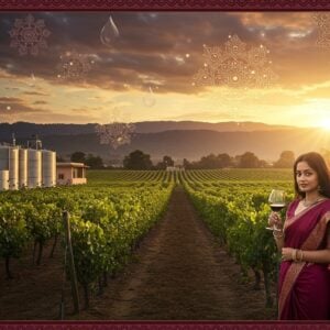 A luxurious Indian vineyard at golden sunset, featuring rows of perfectly maintained grape vines stretching towards the horizon, with the Sahyadri Mountains in the background. In the foreground, an elegant Indian woman in a contemporary fusion outfit (deep burgundy silk saree with modern draping) holds a crystal wine glass containing rich red wine. The scene is adorned with traditional Madhubani-style border patterns in gold and maroon. Floating magical elements include stylized grape vines forming mandala patterns in the sky, with dew drops that sparkle like diamonds. The lighting is warm and ethereal, with sun rays filtering through grape leaves creating a mystical atmosphere. Modern stainless steel wine tanks blend seamlessly with traditional Indian architectural elements in the background. The color palette includes deep purple, burgundy, gold, and emerald green. The art style combines hyperrealistic photography with dreamy, surreal elements and traditional Indian art motifs. The atmosphere conveys both luxury and cultural heritage.
