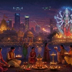 A grand panoramic scene of a modern Indian cityscape at dusk with towering glass buildings seamlessly blending with traditional temple architecture, illuminated by thousands of floating diyas and modern LED installations. In the foreground, a diverse group of young Indians in contemporary fusion wear (kurtas with jeans, modern saris) celebrate multiple festivals simultaneously: a woman applying organic Holi colors from a crystal bowl, another flying a modern LED-lit kite, and others holding brass arthi plates with traditional and electric diyas. The middle ground features a massive holographic Durga idol emerging from swirling light particles, while modern drone-formed rangoli patterns float in the sky. Rich colors dominate - deep saffron, royal purple, and electric blue - with golden light streams connecting different festival elements. Intricate Madhubani-style patterns flow through the scene as glowing light ribbons. The scene is enhanced with futuristic elements like augmented reality projected mandalas, floating 3D spiritual symbols, and eco-friendly festival materials. The lighting combines traditional fire elements with modern neon and holographic effects, creating a magical atmosphere that bridges ancient and future celebrations. Art style merges hyperrealistic digital art with traditional Indian miniature painting techniques.