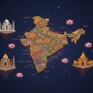 A majestic 3D topographical map of India floating in a mystical space, crafted in intricate Madhubani art style with modern digital aesthetics. The map features distinct state boundaries glowing with luminescent gold lines. Each state is filled with unique traditional patterns and motifs specific to its culture - Kashmir with Pashmina designs, Gujarat with Bandhani patterns, Bengal with Kantha work designs. Union territories sparkle with pearl-like iridescence. The map is surrounded by floating miniature cultural landmarks - the Taj Mahal, Konark Sun Temple, and Gateway of India, rendered in a contemporary minimalist style. Decorative mandalas in deep peacock blue and saffron hover at the corners. Ethereal light rays in soft pastels emanate from the center, creating a divine aura. The background features subtle sacred geometry patterns in maroon and gold. Small, stylized lotus flowers mark state capitals, while district boundaries are depicted as delicate golden threads. The entire composition is set against a deep indigo backdrop with a subtle gradient of dawn colors.
